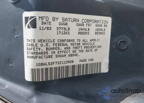 2003 Saturn Ion 3 z USA, uszkodzony, nr VIN 1G8AL52F73Z113920